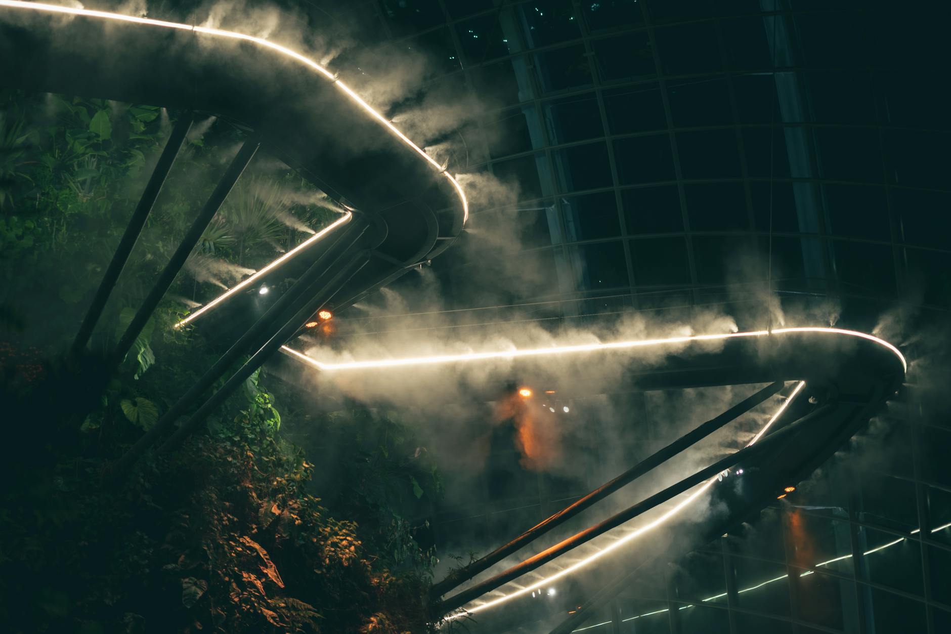 Zamglone wnętrze nowoczesnej szklarni z bujną zielenią i konstrukcją metalową